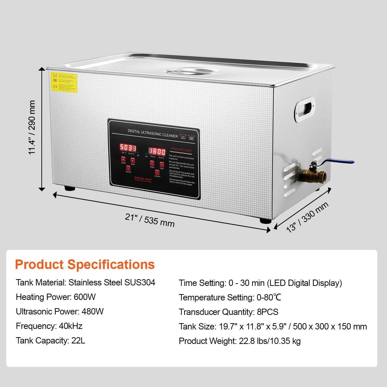 Relioworks 22L Ultrasonic Cleaner 480W – With Digital Timer and Heater, LED Display, 30-Min Timer for Jewelry & Dental Tools - Image 4