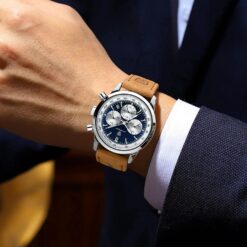 Alternative view of 41mm Chronograph Watch with Genuine Leather Strap – Luminous Hands, Automatic Date | Black, Blue or Green Dial