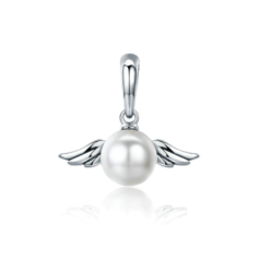 White Pearl Angel Wings Dangle Charm 925 Sterling Silver
