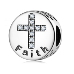 Crystal Cross Faith Round Charm 925 Sterling Silver