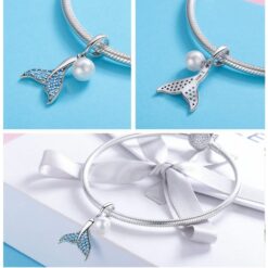 Alternative view of Cubic Zirconia Whale Tail & Pearl Dangle Charm 925 Sterling Silver