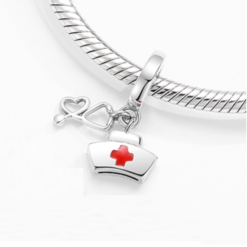 Alternative view of Red Enamel Nurse Hat Stethoscope Dangle Charm 925 Sterling Silver